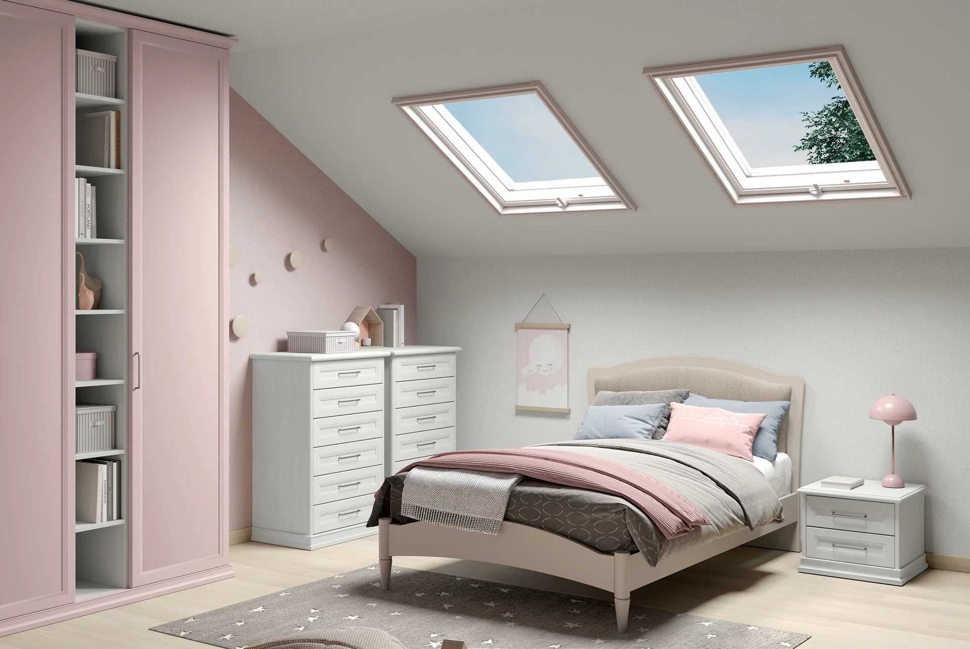 Cameretta shabby in mansarda con letto imbottito e cassettiera bianca