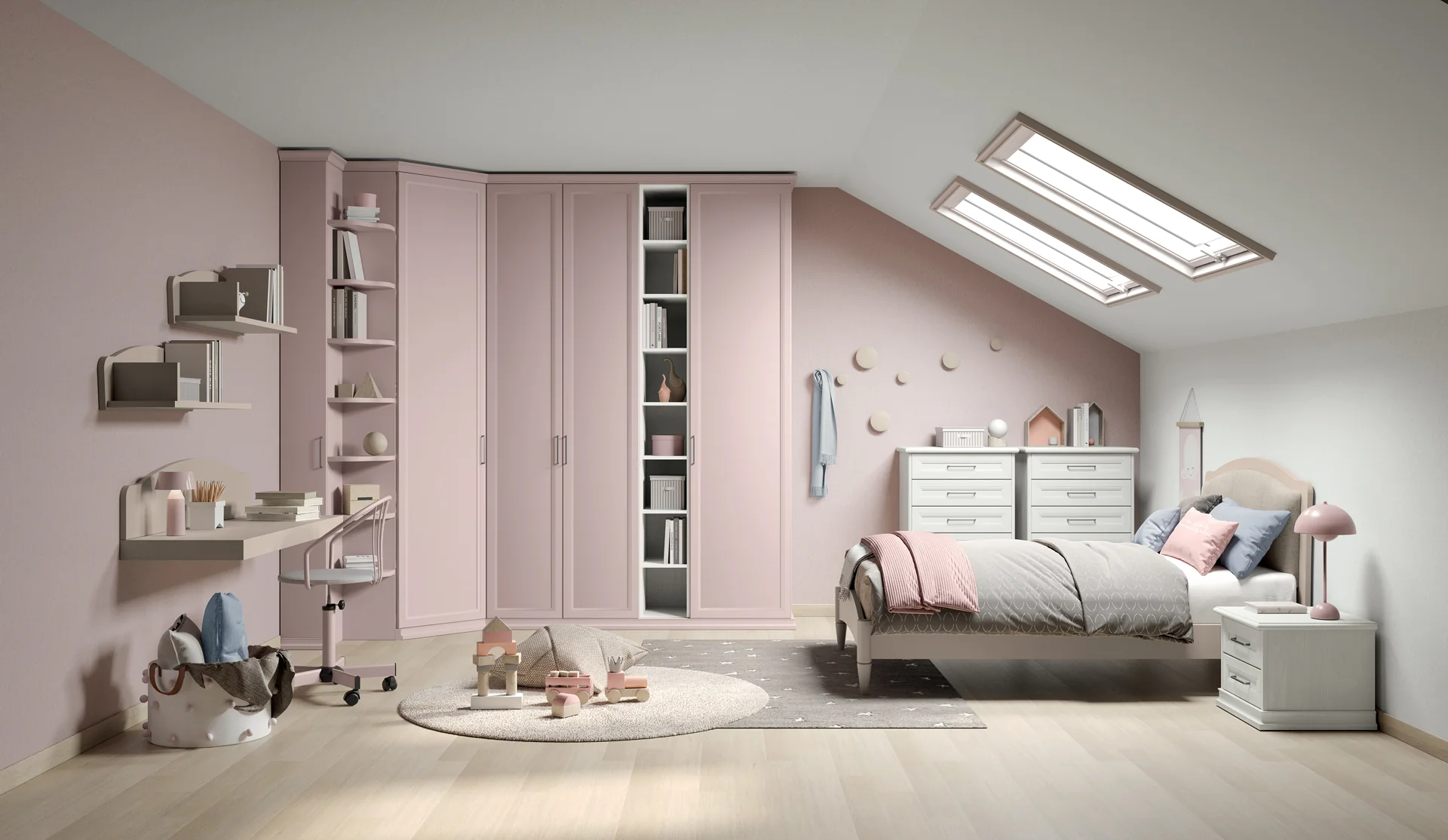 Cameretta shabby in mansarda rosa cipria con grande armadio sagomato