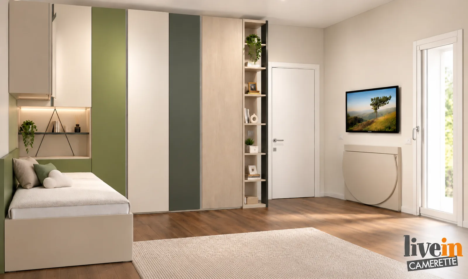 Render cameretta verde armadiatura a tutta parete