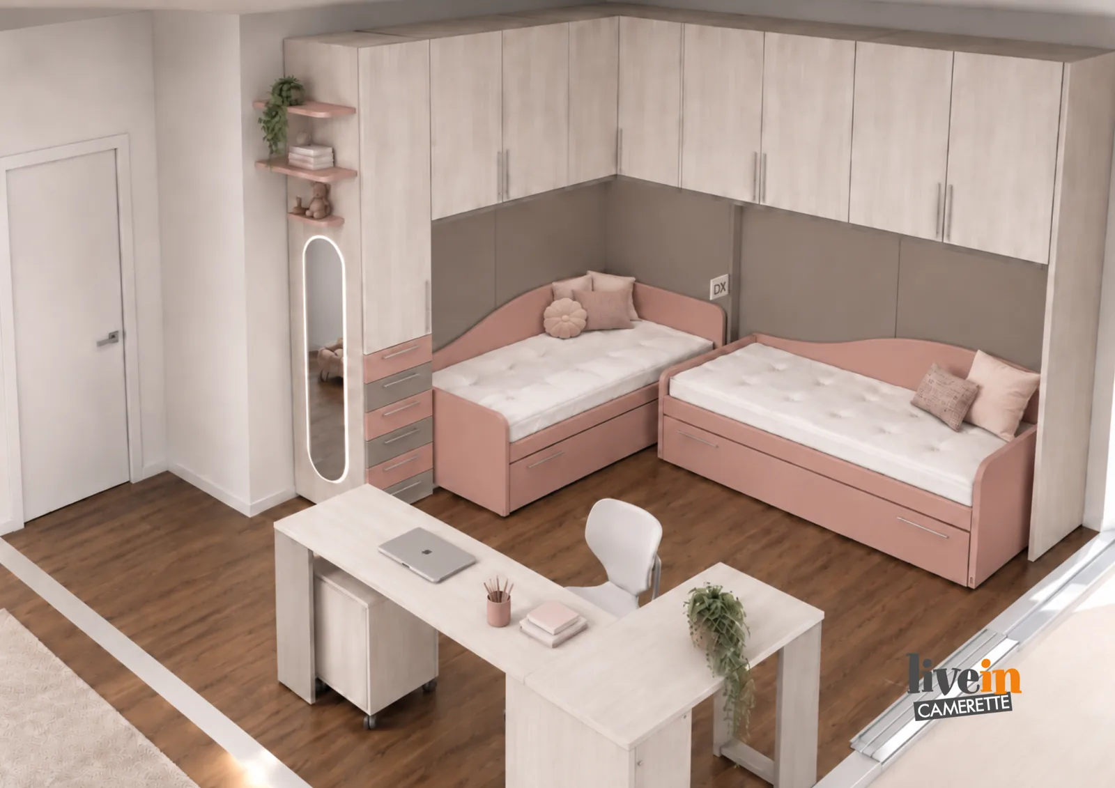 Render cameretta due letti ad angolo