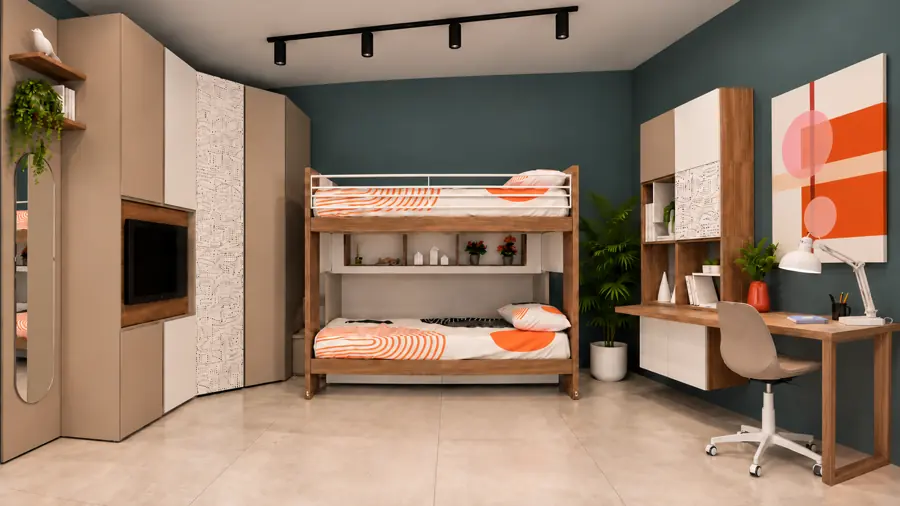Cameretta salvaspazio Genius X170 con letto a castello e pedana a scomparsa, cabina armadio X170, TV integrata e maxi scrivania. Livein Camerette Mugnano.