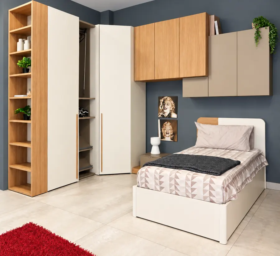 Cameretta Natural su misura con letto singolo maxi da 90 cm, contenitore, cabina armadio X100 compatta e pensili a diverse profondità. Livein Camerette Mugnano.