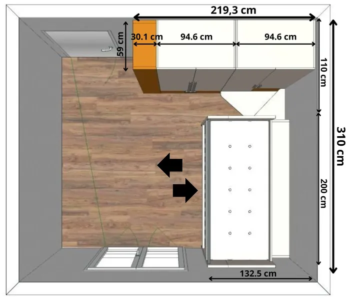 Pianta di Genius compatto in 310x220 cm con il letto aperto, 132,5 cm