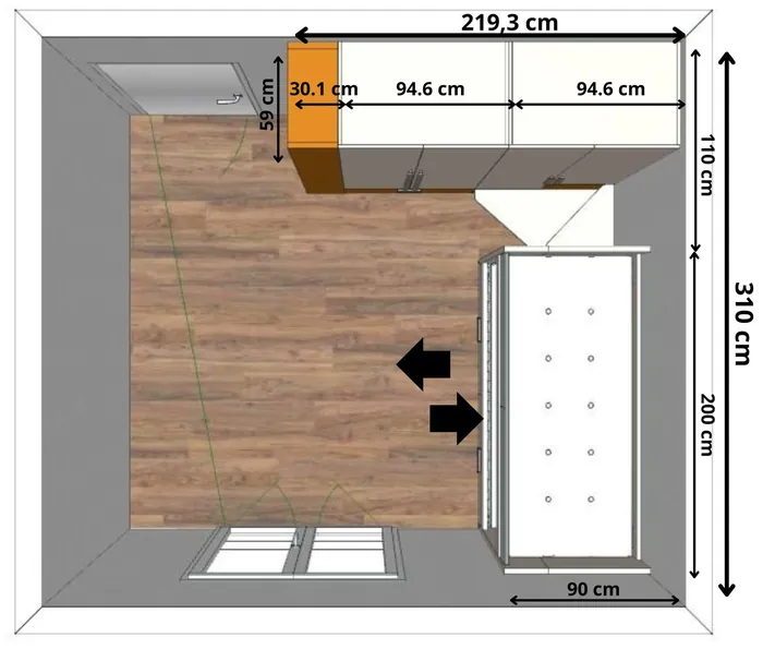 Pianta di Genius compatto in 310x220 cm con il letto chiuso, 90 cm
