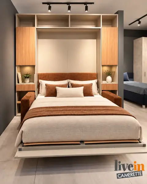 Letto a scomparsa Magic aperto, pronto per dormire, nello showroom Livein Camerette Mugnano