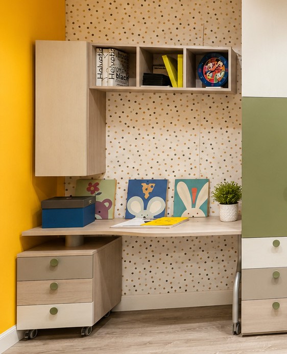 Scrivania sagomata da 143 cm con cassettiera e libreria a giorno