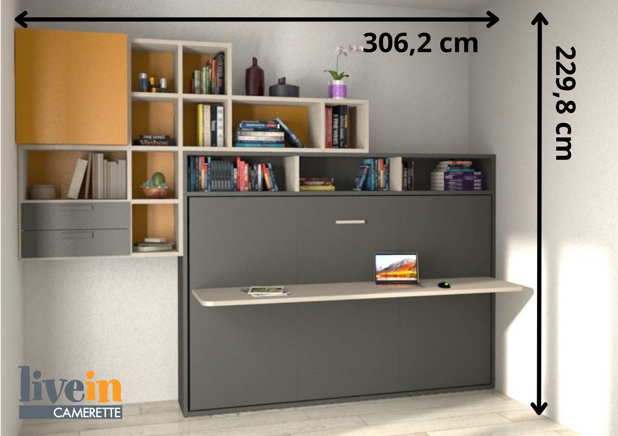 Cameretta Magic 120 · letto a scomparsa + scrivania 2m + libreria — Outlet Mugnano