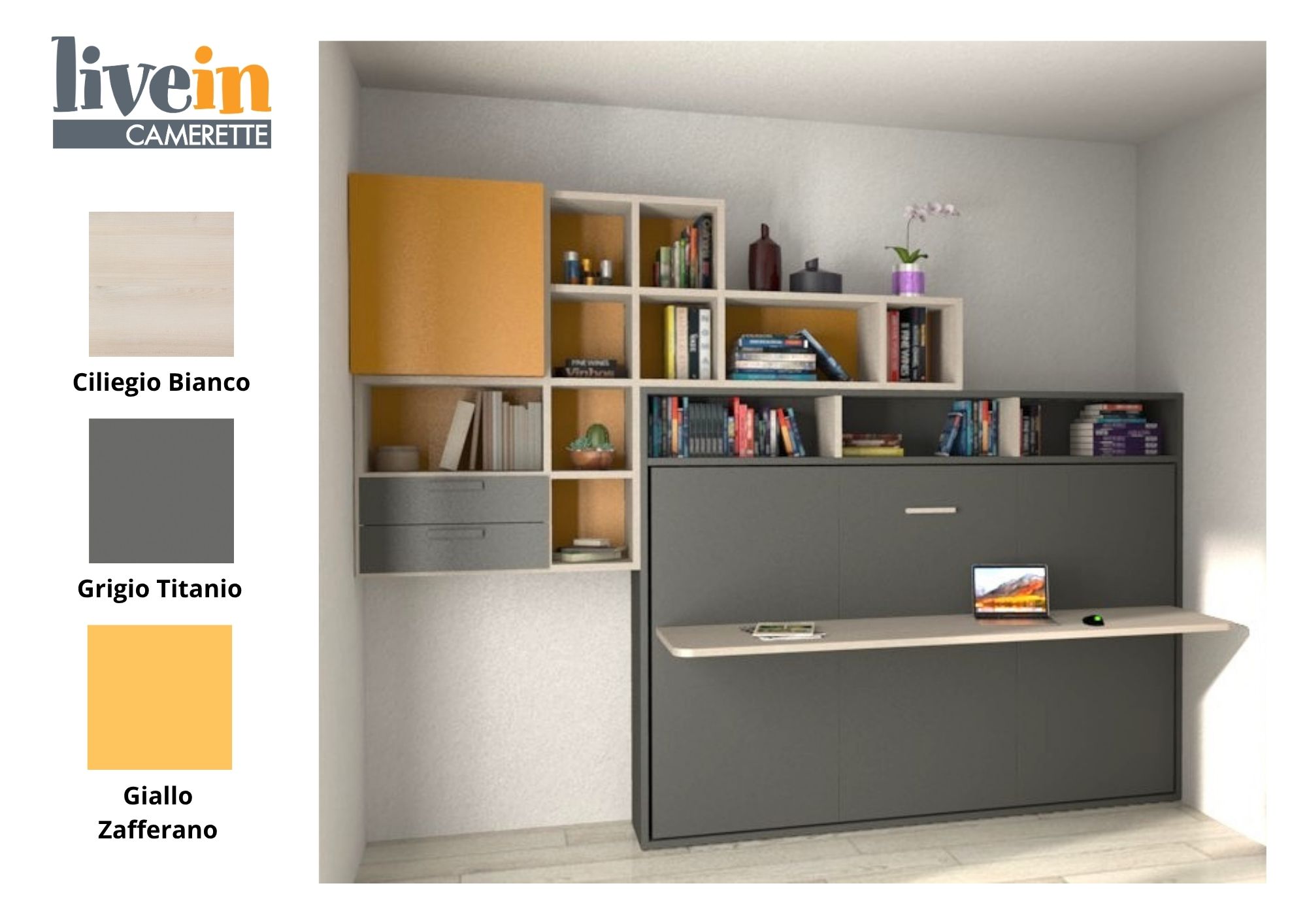 Cameretta Magic 120 · letto a scomparsa + scrivania 2m + libreria — Outlet Mugnano