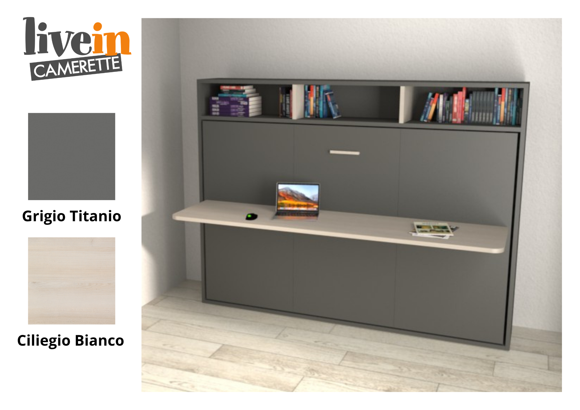 Letto Magic 120 aperto come letto una piazza e mezza con libreria sopra