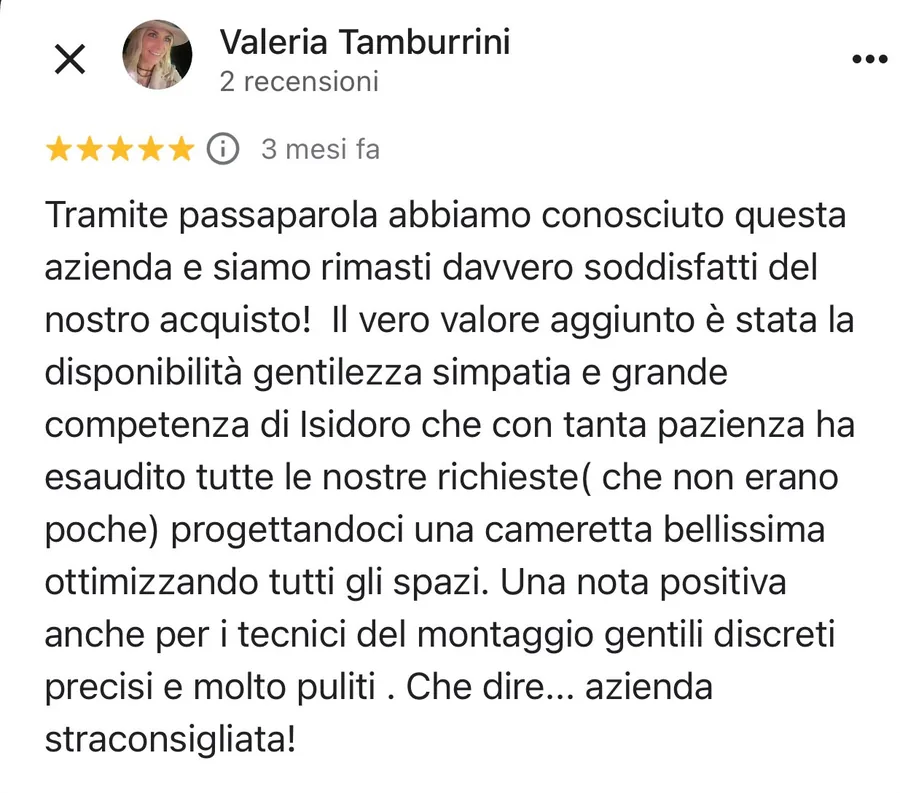 Recensione Google verificata di Valeria Tamburrini su Livein Camerette