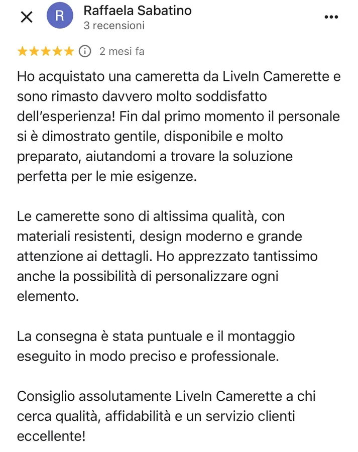 Recensione Google verificata di Raffaela Sabatino su Livein Camerette