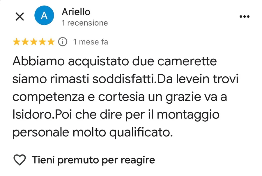 Recensione Google verificata di Ariello su Livein Camerette