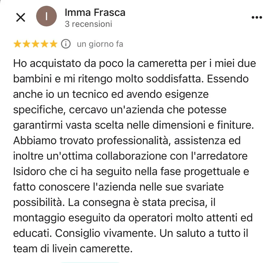 Recensione Google verificata di Imma Frasca su Livein Camerette