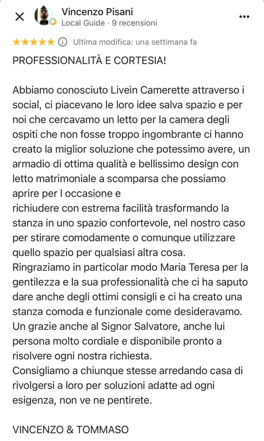 Recensione Google verificata di Vincenzo Pisani su Livein Camerette