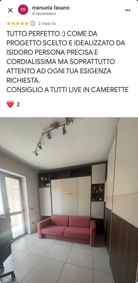 Recensione Google verificata di Manuela Fasano su Livein Camerette