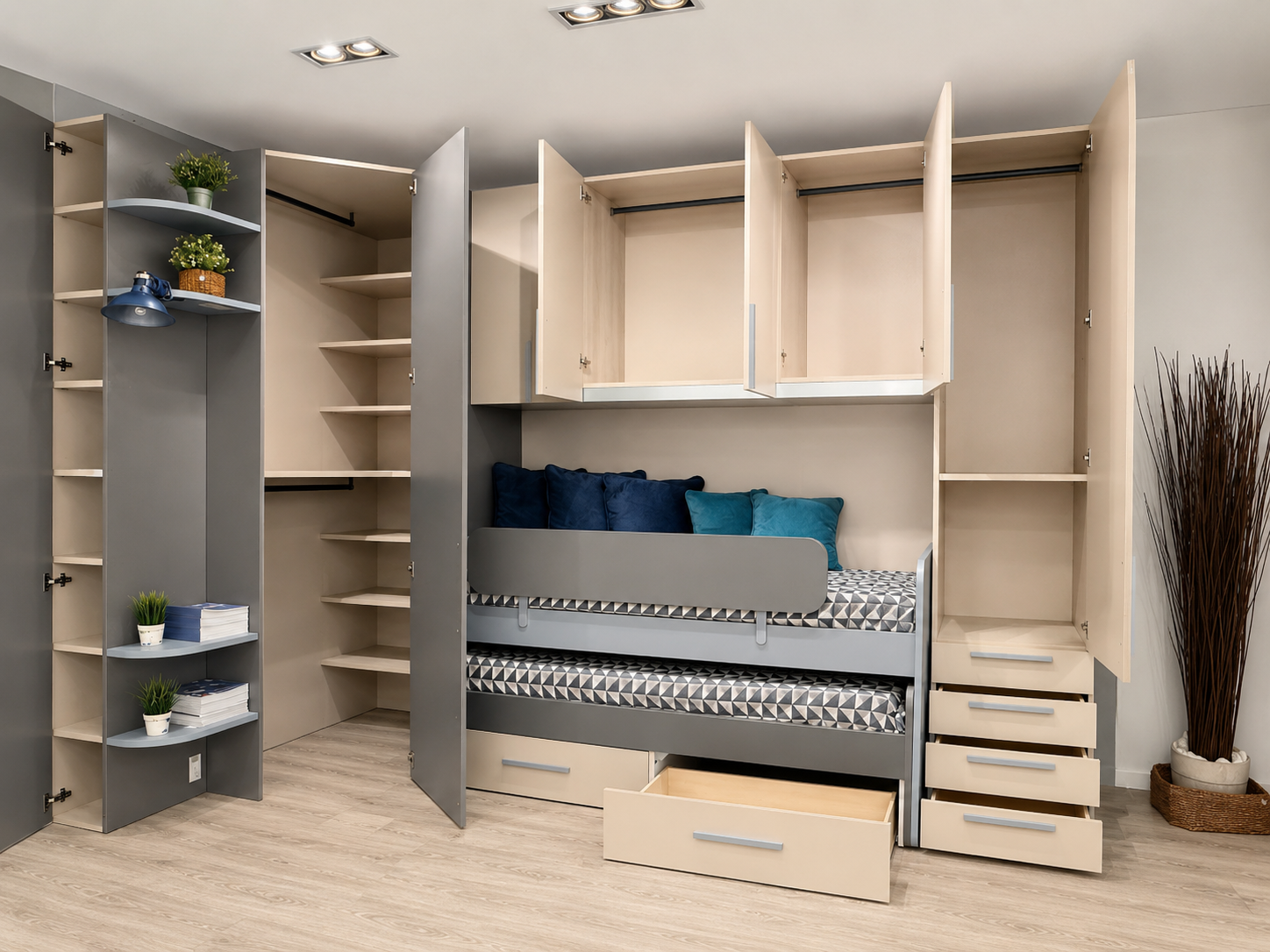 Cabina armadio Titanio 140×100 cm con ripiani, bastoni appendiabiti e luce interna